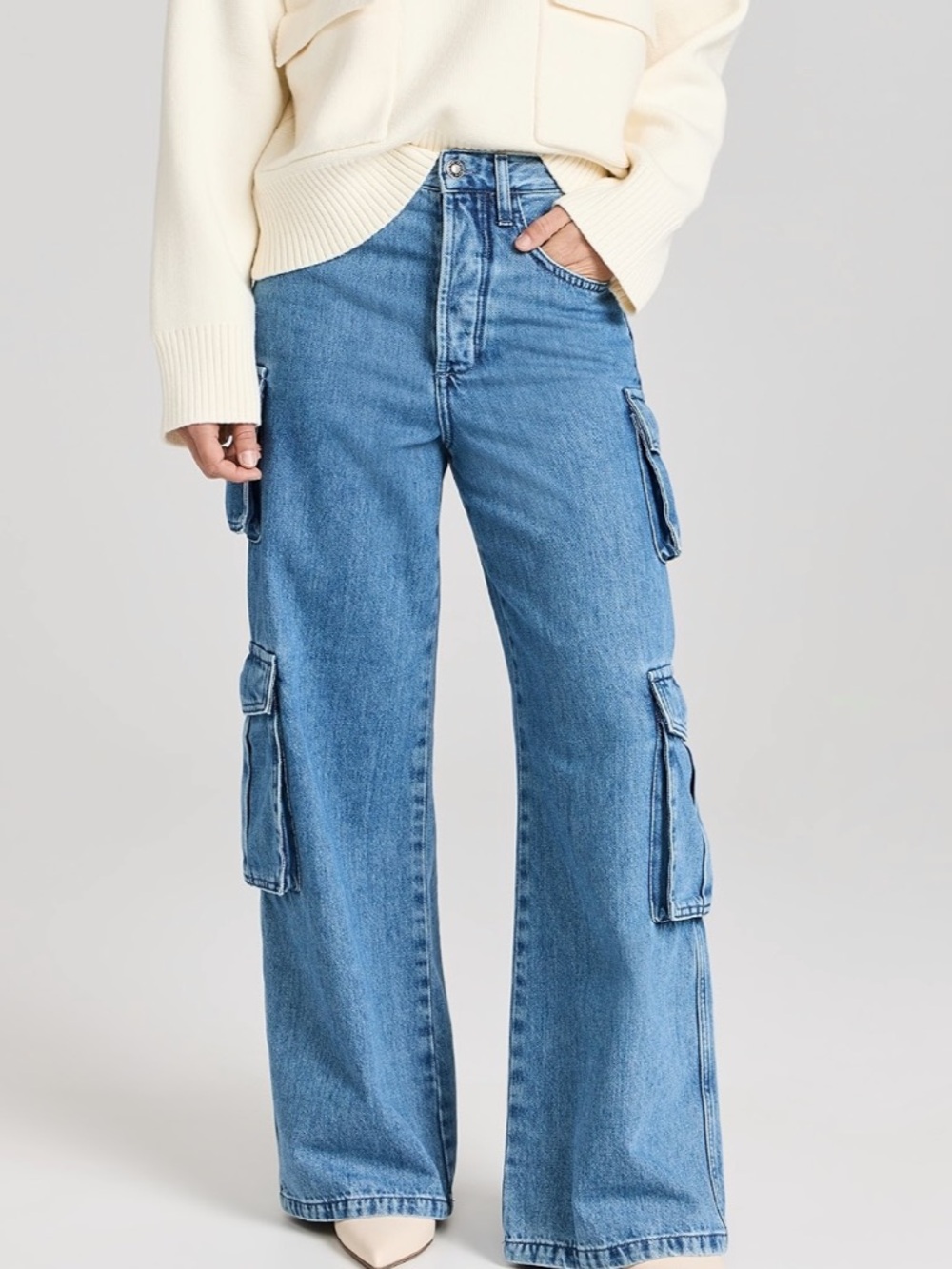 Favorite Daughter Carly Super High Rise Wide Leg Cargo Jeans in Medium Blue